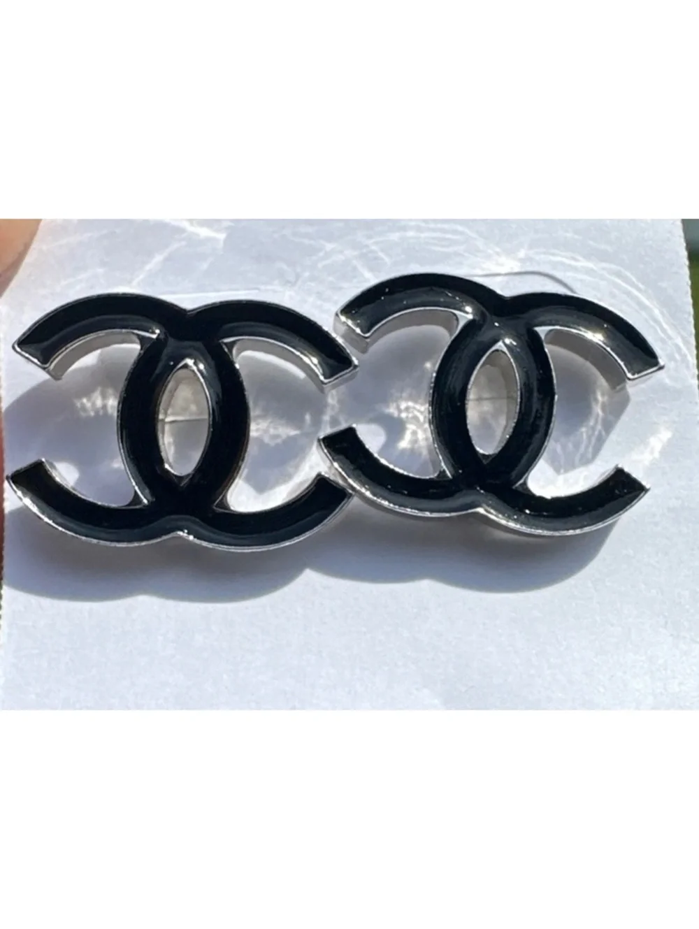 Chanel 05A CC Logo Earrings Black Enamel Silver Tone France